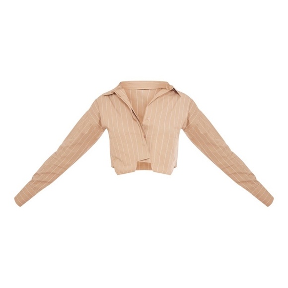 1096 NWT PrettyLittleThing Poplin Pinstripe Cropped LS Shirt - Stone - Size 8 - Picture 4 of 10